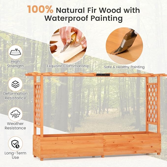 S AFSTAR 45-Inch Raised Garden Bed with Arch Trellis, Hanging Roof, Planter Box, Drainage Holes, Vertical Plant Container for Vine Climbing Plant Flower, Standing Wood Planter for Garden Patio Yard