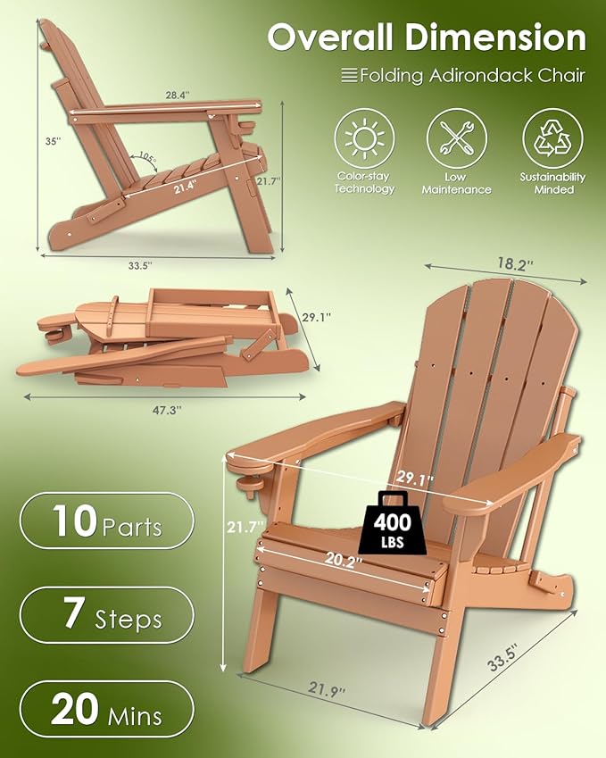 GREENVINES Folding-Adirondack-Chairs-Set-of-4 | HDPE Plastic | Fire Pit Chair | All Weather | Cup Holder | Teak | for Deck Backyard Patio Outdoor Garden