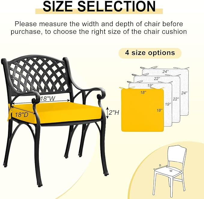 downluxe Waterproof Outdoor Chair Cushions for Patio Furniture, 18" x 18" x 2" Patio Chair Cushion with Adjustable Ties & Portable Handle, Square Outdoor Cushion with Removable Cover, Yellow, 2 Pack
