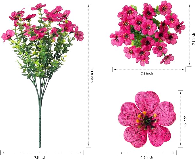 HyeFlora Artificial Flowers for Outdoor Indoor Garden Home Decoration, Faux Flower Daisy with Eucalyptus Leaves Fake Plants Greenery Boxwood Porch Patio, 12 Bundles (Rose Red)
