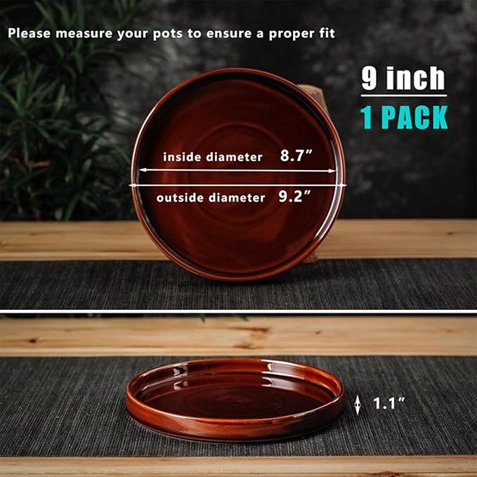 Ceramic Plant Saucer 9 Inch, Round Plant Trays for Indoors/Outdoors, Flower Pot Saucers for Holding Water Drips and Soil, Ceramic Drainage Tray for Plant Pot (Reactive Glaze Brown)