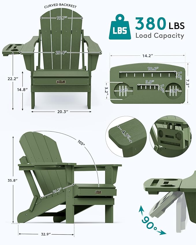 SERWALL Folding Adirondack Chair, Paito Adirondack Chairs with 4-in-1 Multi-Functional Cup Holder, Outdoor Chairs, All Weather Fire Pit Chair for Garden, Poolside, Backyard, Lawn - Army