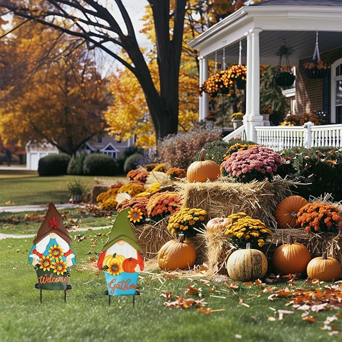 PHITRIC Fall Decorations for Home Outdoor, 2 Pcs Metal Gnome Decorative Garden Stakes with Pumpkins Sunflower for Fall Decor, Yard Signs for Garden Home Lawn Patio Thanksgiving Decorations