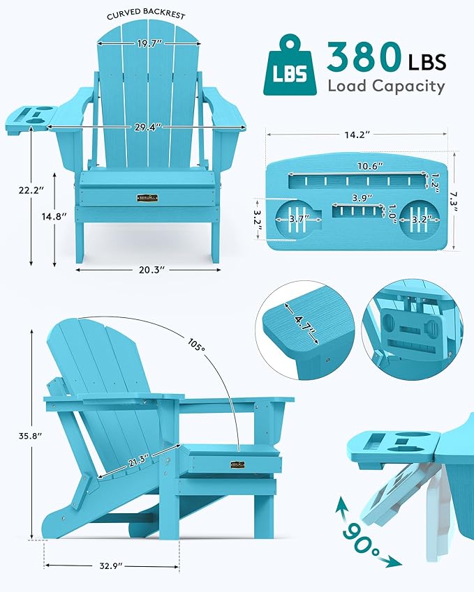 SERWALL Folding Adirondack Chair, Outdoor Adirondack Chairs with 4 in 1 Cup Holder, Wood Texture, Weather Resistant Plastic Patio Fire Pit Chairs for Garden, Backyard, Deck, Lawn - Light Blue