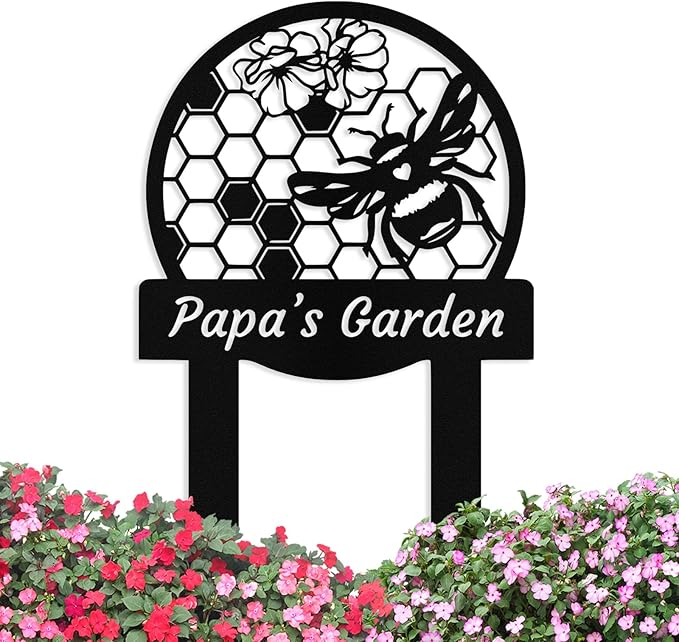 Custom Metal Bee Garden Sign with Stake, Personalized Garden Signs for Outside, Customized Garden Name Signs for Yard Lawn Outdoor Decor Gardening Gifts for Moms Grandmas Gardeners