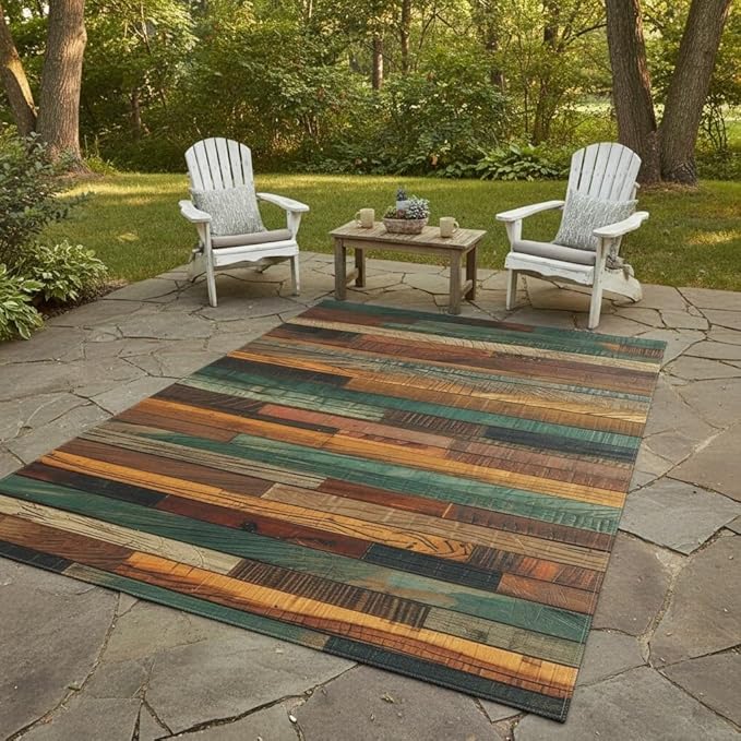 Retro Natural Brown Green Orange Wood Slats Outdoor Rug for Patio Deck Backyard Garden Front Porch Rustic Wood Grain Print Rugs Breathable Waterproof Washable Outdoor Carpet 10x14 Anti Slip Mat