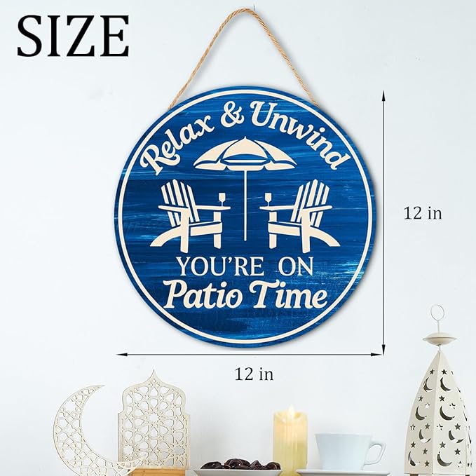 Patio Wood Hanging Sign for Front Porch, Relax Unwind You're On Patio Time Wall Decor Sign for Home Bar