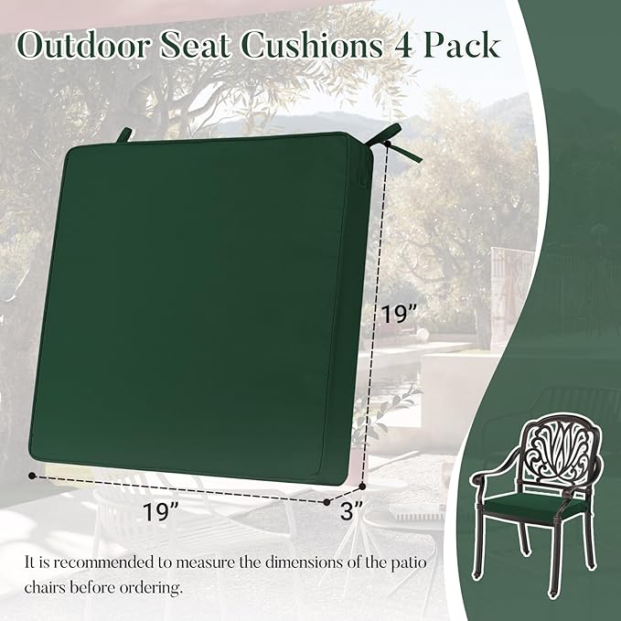 Basic Beyond Outdoor Chair Cushions for Patio Furniture, Waterproof Outdoor Seat Cushions Set of 4 19 x 19, Patio Chair Cushions Set of 4 with Ties and Handle, Forest Green