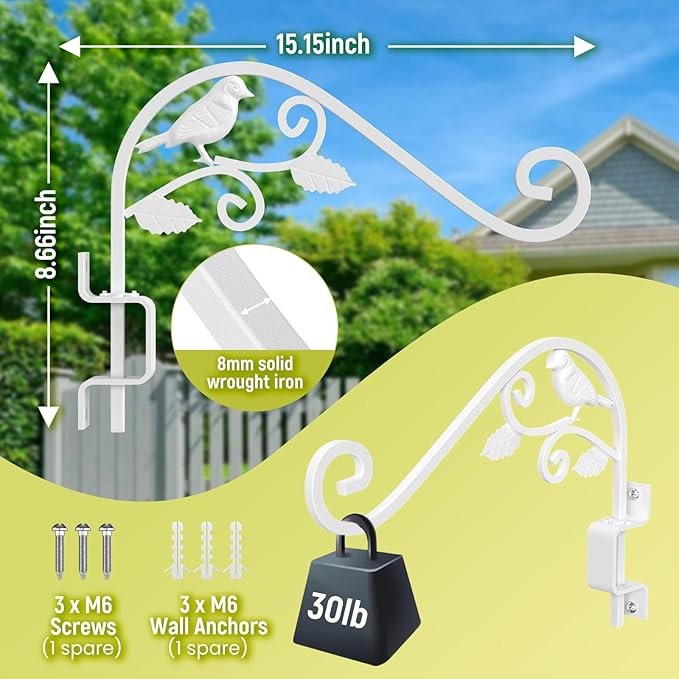 Outdoor Plant Hangers, 2 Pack 15.15 inch Swivel Plant Hooks for Wall Sturdy Wrought Iron Plant Hangers Outdoor, Hanging Plant Bracket Heavy Duty for Bird Feeders, Planters, Lanterns, Wind Chime,White