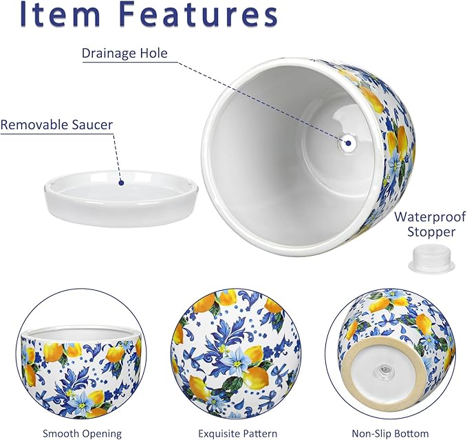 5.3+4.3 inch Ceramic Plant Pots, Set of 2 Blue and White Plant Pot with Drainage Holes and Saucers Small Lemon Indoor Planters Decorative Flower Pots for Succulents, Cacti, Snake Plants, and Herbs