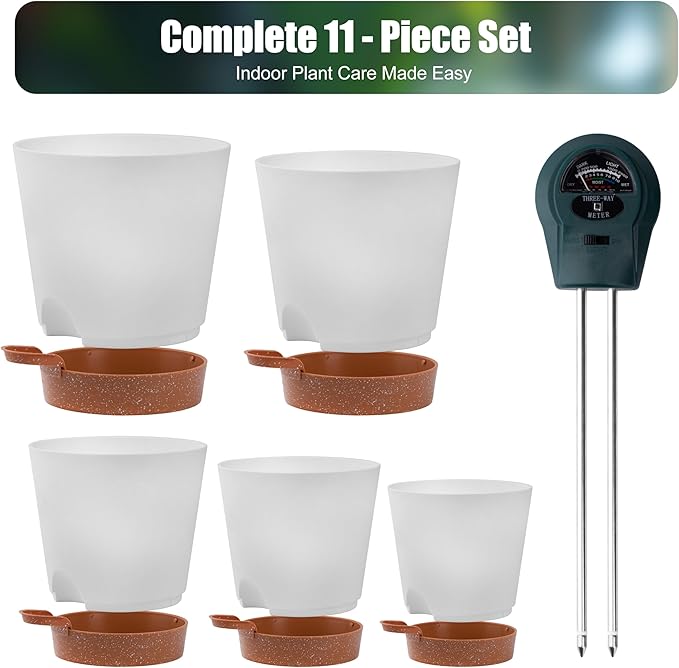 Self Watering Planter Pots Set of 5-7", 6.5", 6.02", 5.55", 5.08" Indoor & Outdoor Flower, Herb, and Succulent self Watering pots with Saucer Reservoir, Drainage System, and Modern White Design