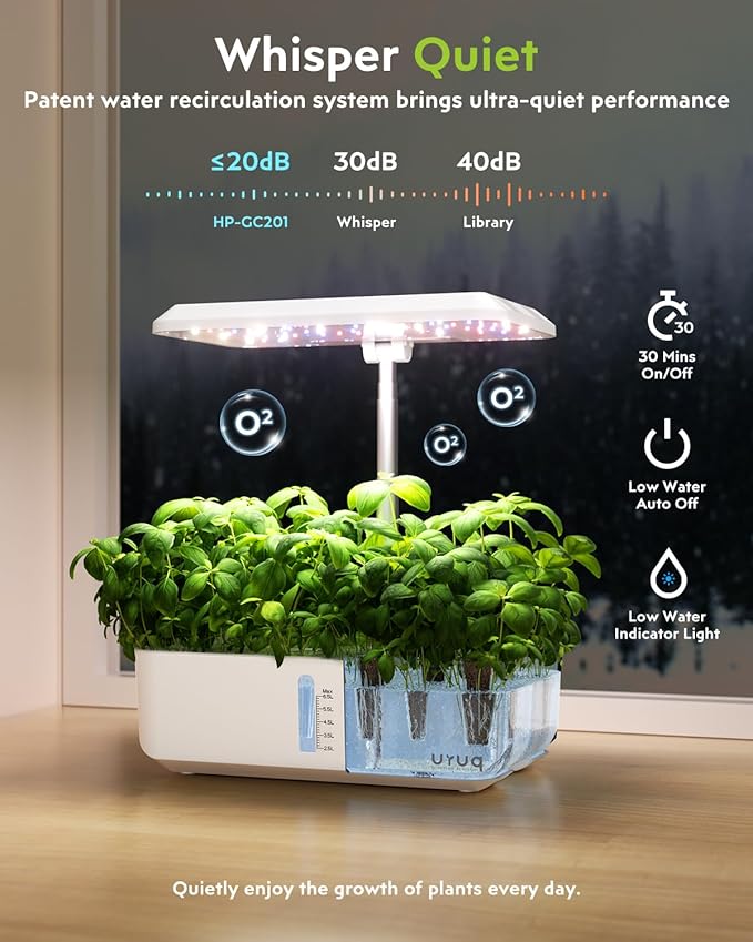 Hydroponics Growing System Garden: 12 Pods Indoor Gardening System with Custom Time Grow Light Height Adjustable Quiet Plants Germination Kit - Gardening Gifts White