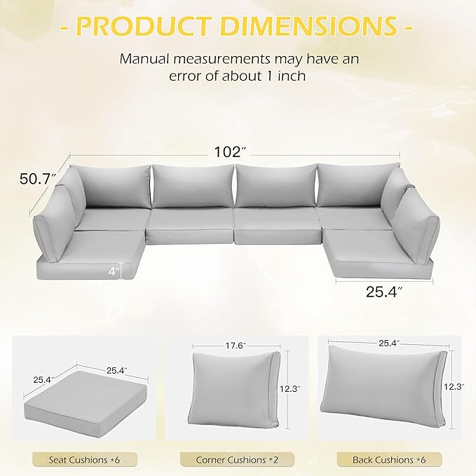 HOMREST Outdoor Replacement Cushions for Patio Furniture,Water-Repellent Sofa Cushion for 6-Seat Rattan Wicker Sectional Patio Conversation Sets,14-Piece Cushions Set for Outdoor Couch（Light Grey）