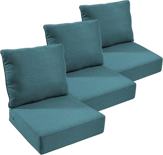 Outdoor Chair Cushions Set of 3, Waterproof 24x24 Patio Chair Cushion, 6" Thickened Seat Cushion for Outdoor Furniture, Couch Cushion Replacement, Include 3 Back & 3 Seat Cushions, Thick/PeacockGreen
