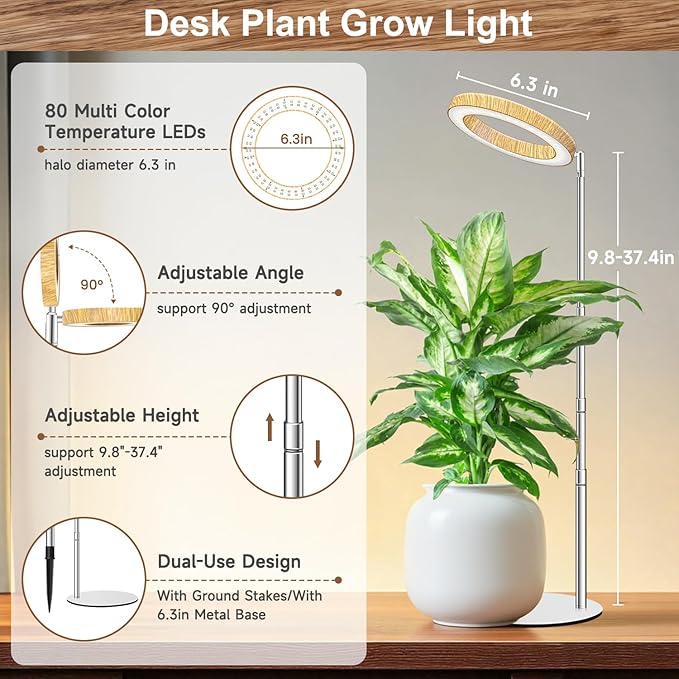 Grow Lights for Indoor Plants, Full Spectrum Plant Lights for Indoor Growing with 6/12/16H Timer, 3 Optional Spectrums,5 Dimmable Levels, Height Adjustable 9.8"-37.4" Wood Grain Desk Grow Lamp