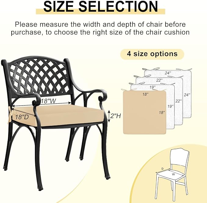 downluxe Waterproof Outdoor Chair Cushions for Patio Furniture, 18" x 18" x 2" Patio Chair Cushion with Adjustable Ties & Portable Handle, Square Outdoor Cushion with Removable Cover, Beige, 2 Pack