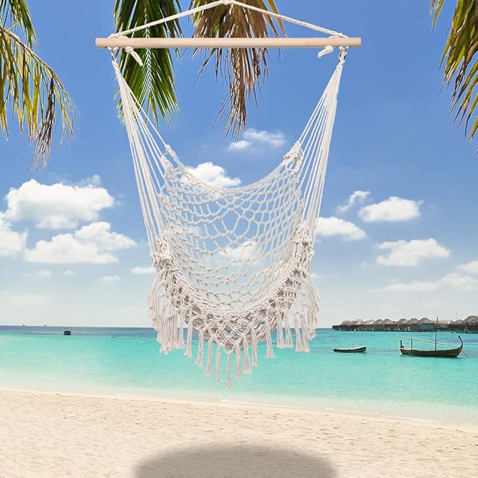 Hammock Chair Hanging Rope Swing, Hammock Net Air/Sky Chair Deluxe Cotton Rope Sling w/Tassel for Beach, Yard, Patio, Porch, Garden, Outdoor Space (Beige)