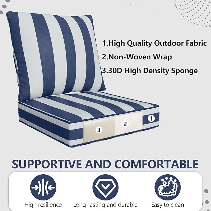 22" x 22" x 6" Outdoor Deep Seat Cushions - Waterproof & Fade Resistant Patio Furniture Replacement Cushions, Non-Slip Outdoor Cushions Fit Loveseats, Couches, Chairs, and Sofas