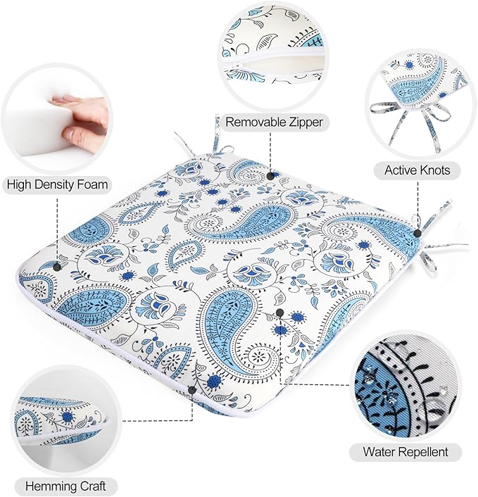GUEGLSA Outdoor Indoor Waterproof Seat Cushions,16x16 Inches Patio Chair Cushion with Ties,Machine Washable Seat Pad for Home Garden Kitchen Dining Office Chair,Set of 2, Blue Paisley