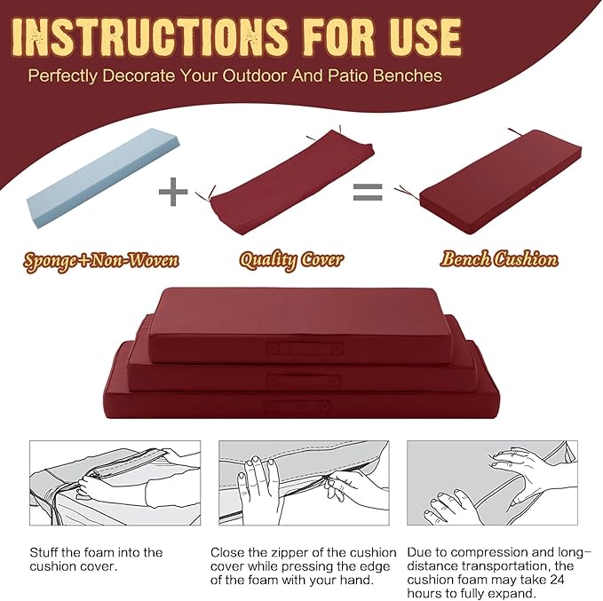 Outdoor Bench Cushion 4 inches Memory Foam Waterproof Patio Furniture Bench Cushion Porch Swing Cushion with Handle and Adjustable Strap, 36 x 18 Inch Burgundy