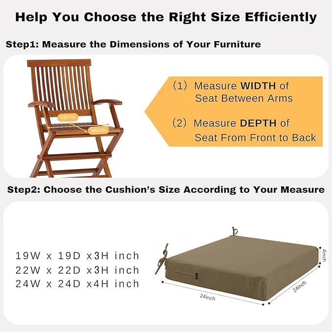 idee-home Outdoor Chair Cushions Set of 2, Waterproof Outdoor Seat Cushions for Patio Furniture, Outside Replacement Chair Pad with Ties for Lawn Deck Porch, 24 x 24