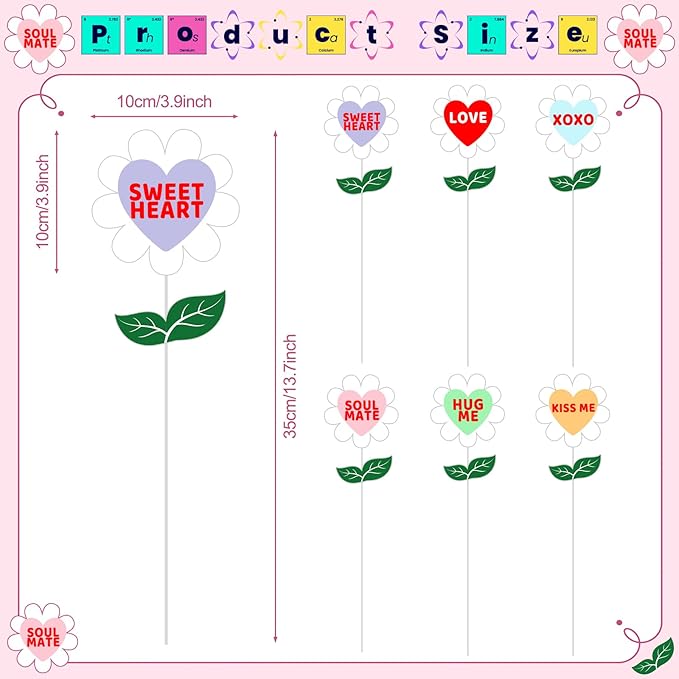 BreezeHug 6 Pcs 3.9 Inch Valentine's Day Heart Shaped Conversation Flower Stakes Outdoor Garden Planter Stakes Sign Valentine Flower Stick Pink Red Decorative for Anniversary Yard Patio(Colorful)