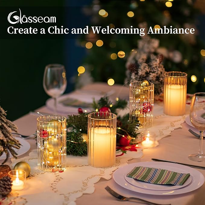 Glasseam Glass Cylinder Vases for Centerpieces: 12pcs Clear Ribbed Flower Vase for Pillar Candle - 6 Inch Modern Hurricane Floating Candle Holder for Wedding Table Centerpieces Living Room Home Decor