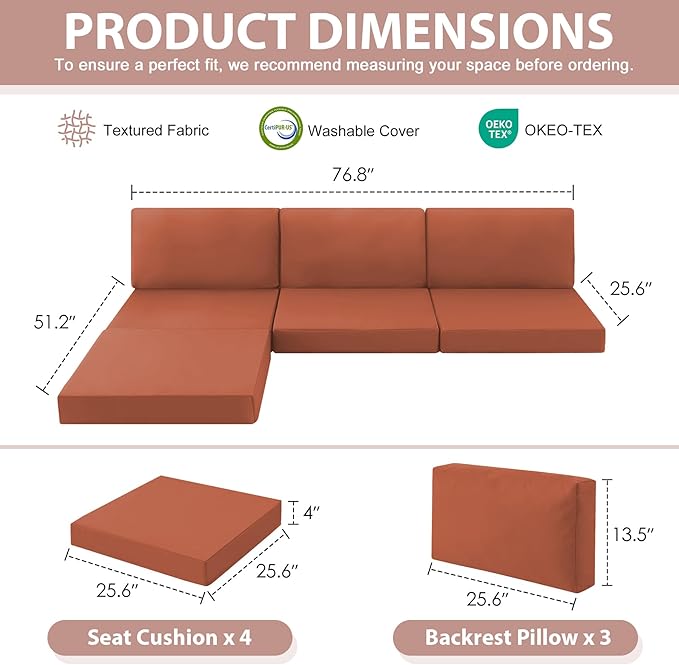 7-Piece Patio Furniture Cushions Set, Replacement Outdoor Cushions for 4-Seat Patio Sectional, Waterproof & Fade Resistant Deep Seat Cushion for Outdoor Sofa, Spice