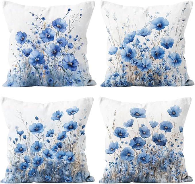 Blue Flower Pillow Covers 18x18 inch Set of 4, Modern Minimalist Botanical Decorative Throw Pillow Cases Holiday Decorations for Sofa Couch Farmhouse Home