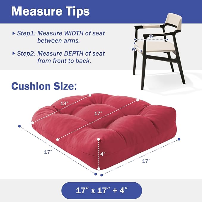 Outdoor Chair Cushions Set of 2, Patio Chair Cushions with Ties, 17x17+4” Tufted Outdoor Seat Cushions, Waterproof Patio Furniture Cushions, Outdoor Dining Chair Pads, Burgundy (Pack of 2)