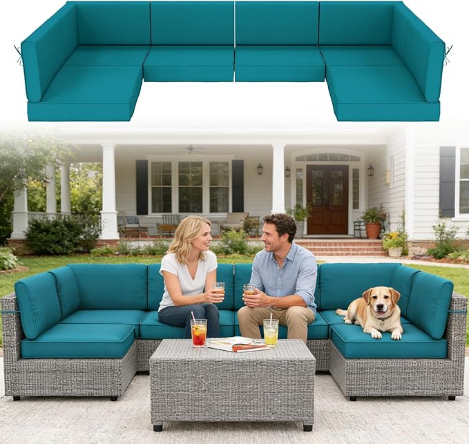 14 Pcs Outdoor Replacement Cushions for Patio Furniture, All Weather Water Resistant Cushion for 6 Seat Rattan Wicker Sectional Patio Conversation Sets and Couch (Turquoise)