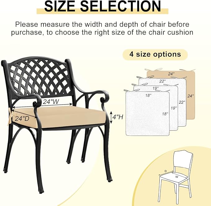 downluxe Waterproof Outdoor Chair Cushions for Patio Furniture, 24" x 24" x 4" Patio Chair Cushion with Adjustable Ties & Portable Handle, Square Outdoor Cushion with Removable Cover, Beige, 2 Pack