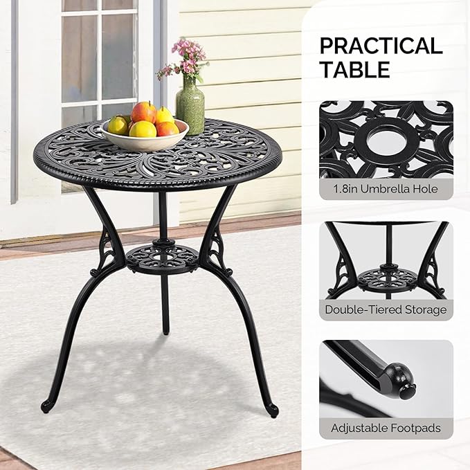 Outvita Patio Table and Chairs Set, Cast Aluminum Outdoor Cafe Table and Chairs Set of 3, Stability Patio Bistro Sets with Umbrella Hole for Garden, Patio, Balcony, Butterfly Pattern Black