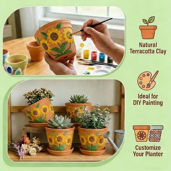 2 Pack Terracotta Plant Pots with Saucers, Boho Clay Flower Pots with Drainage, Lightweight Breathable Shallow Planters for Succulents, Cactus, Herbs & Indoor Outdoor Plants, Sunflower Embossed Design
