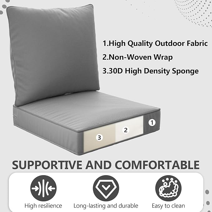 22" x 22" x 6" Outdoor Deep Seat Cushions Set - 4 Set Waterproof & Fade Resistant Patio Furniture Replacement Cushions, Non-Slip Outdoor Cushions Fit Loveseats, Couches, Chairs, and Sofas