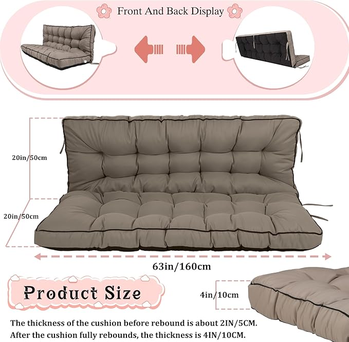 2-3 Seat Swing Replacement Cushion, Outdoor Bench Cushions with Backrest Thicken 4", Patio Furniture Garden Porch Loveseat Glider Pad Anti-Fading Waterproof (Khaki, 40x63in-thicken)