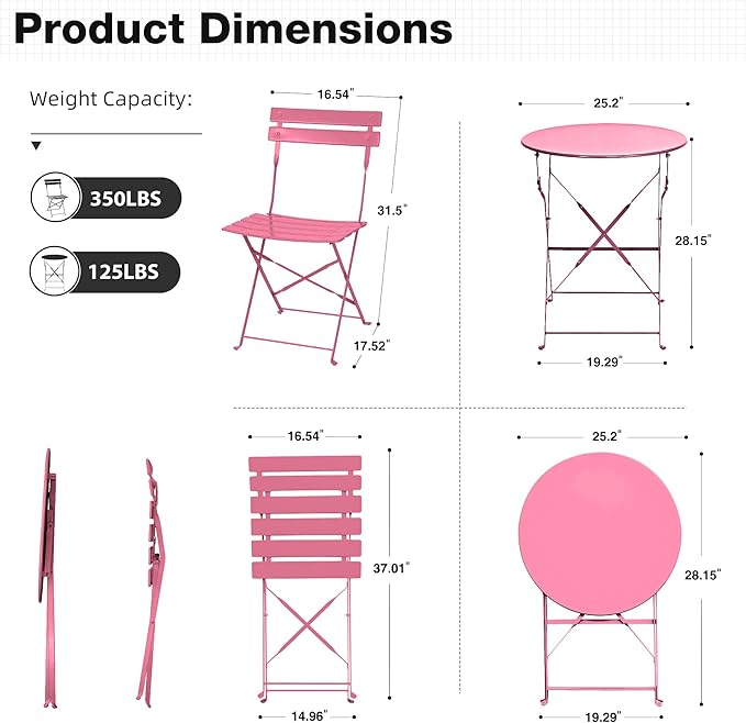 3 Piece Bistro Set, Folding Patio Furniture Set, Outdoor Table and Chairs Set for Patio, Garden, Balcony and Poolside, Rose Red