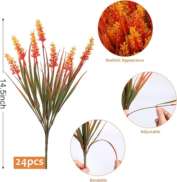 Geegoods 24 Bundles Artificial Fall Flowers Outdoor – Faux Lavender Flowers with Monkey Grass UV Resistant Plastic Faux Plants for Garden Porch Patio Home Decor, Autumn-Orange Color (Pack of 2)