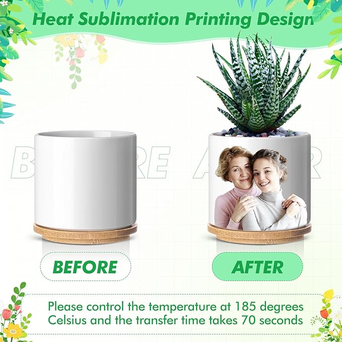 6 Pcs Sublimation Flower Pot Blanks Mini 2.95 in Garden Ceramic Succulent Planter Pot with Bamboo Tray with Drainage Hole Thank You Gift for Christmas Thanksgiving Day Plant Lover Women