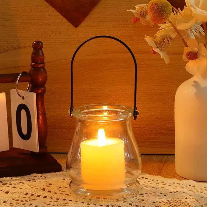 Cabilock 12Pcs Hanging Candle Holder Set Clear Glass Tealight Holders with Handles Decorative Glass Votive Holders for Indoor Outdoor Use Ideal for Christmas Wedding Party Home D Cor