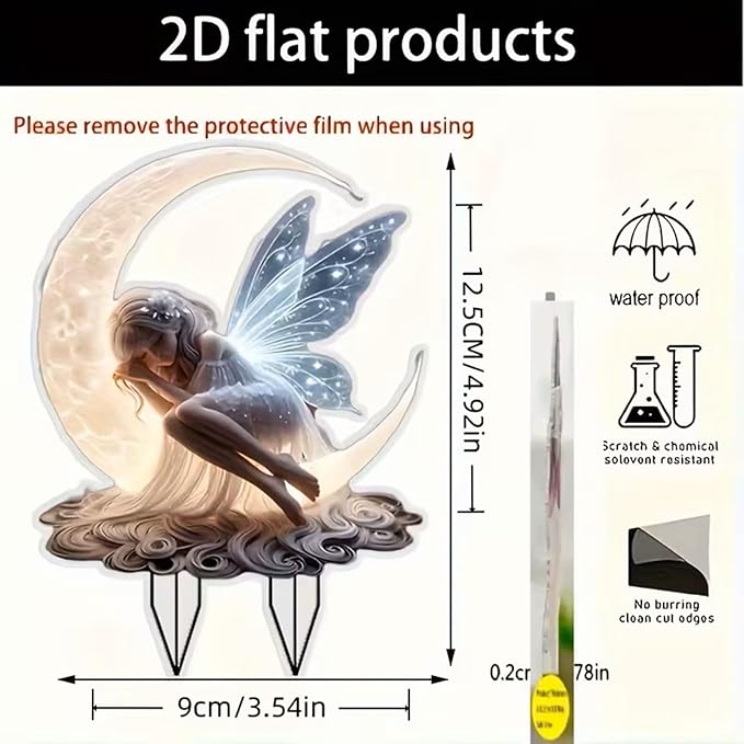 2D Flat Moonlit Fairy Garden Stake Acrylic Outdoor Decor for Lawn, Patio, Yard, Flower Pot Farmhouse Art, Patio Decoration