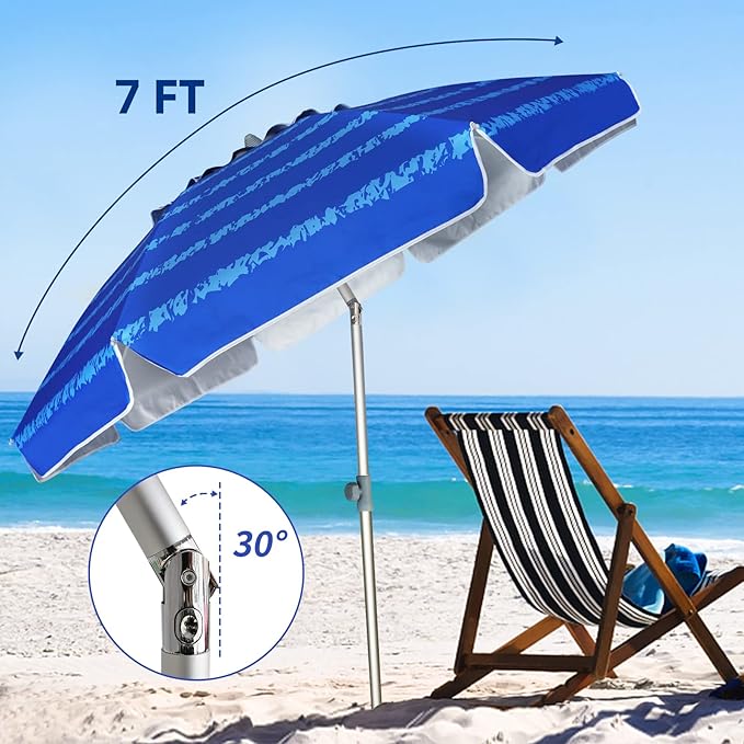 AMMSUN 7 Foot Heavy Duty HIGH Wind Beach Umbrella with sand anchor Vent Tilt Portable Sun Shelter, UV 50+ Sun Protection Outdoor Sunshade Umbrellas Carry Bag for Patio Garden Pool Backyard Multicolor
