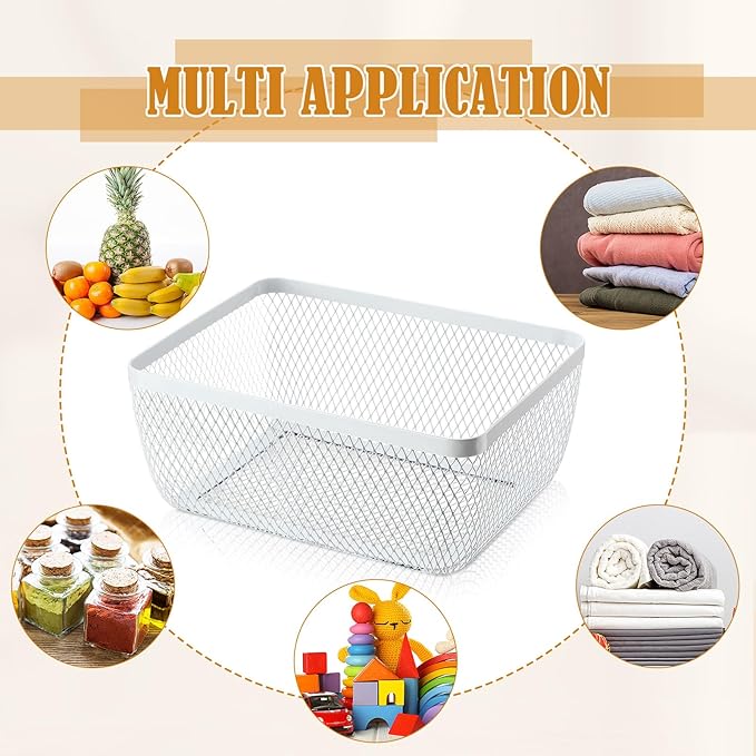 Tandefio 4 Pcs Metal Mesh Basket with Lid and Wooden Handle 9.65 x 7.68 Inch Wire Storage Basket Garden Baskets Organizer Containers for Vegetable Fruit Picnic Kitchen Bathroom (White)