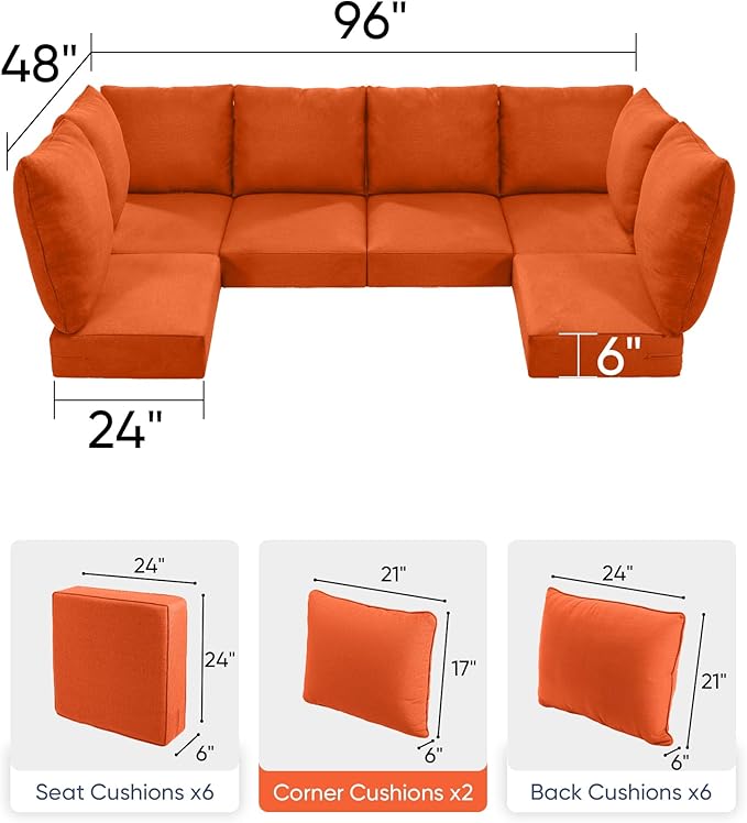 Luxury 24x24x6 Outdoor Seat Cushions for 6-Seat Sectional Sofa Set of 6 - Water-Repellent 14-Piece Patio Cushion Set for Outside Rattan Wicker Loveseat Chair L-Shape Couch - Orange/Classic
