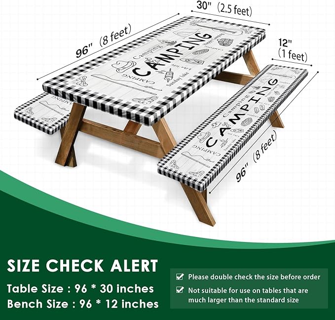 Picnic Table Cover with Bench Covers Elastic Edges, Farm Plaid Fitted Table Cover, Outdoor Patio Camping Essentials 96 Inch 3PCS, Waterproof Camping Fitted Tablecloth with Drawstring Bag