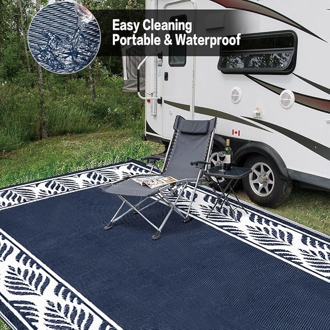 HUGEAR Outdoor Plastic Straw Rug, Waterproof Mat, Washable Large Floor Mat and Rug for Outdoors, RV, Beach, Patio, Camping, Backyard, Deck, Picnic,Indoor Outside (8x10ft,Olive-Leaf/Dark Blue&White)
