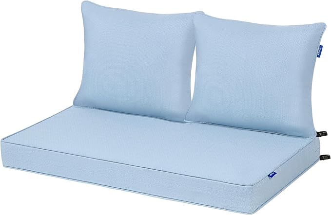 Outdoor Loveseat Cushion Set 44'' x 24'', Outdoor Cushions for Patio Furniture with Fastness Cover, Water Repellent Outdoor Seat Cushion and Couch Back Cushions for Bench, and Swing (Light Blue)