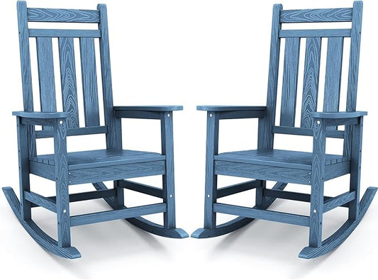 KINGYES Outdoor Rocking Chair Set of 2, All-Weather Patio Rocking Chairs for Porch, HDPE Rocking Outdoor Chairs with High Back for Adult, Heavy Duty Outdoor Patio Rockers for Garden, Lawn, Blue