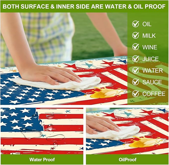 Patriotic USA Picnic Table Cover with Bench Covers Set of 3 - American Flag and Butterfly Pattern, Elastic Fitted Tablecloth for 6 Ft Tables, Washable Polyester Cover for Patio, Indoor & Outdoor