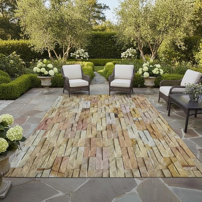 Brown Yellow Stone Brick Print Waterproof 3x5 Outdoor Rugs for Garden Patios Balcony Deck Camping Pool Washable Low Pile Foldable Large Carpets Rustic Farmhouse Yard Anti Slip Outside Carpet Mat